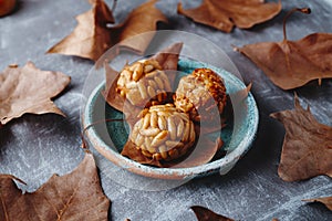 Catalan panellets on a rustic ceramic plate