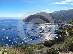 catalina island avalon bay overlook vista mountain cliff harbor boats blue sky