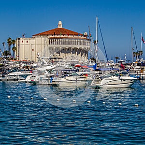Catalina Island Casino with Boats in Avalon Harbor