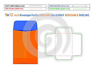 Catalogue envelope or policy open end envelope 9x12 inch die line template and 3D envelope editable easily resizeable
