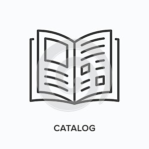 Catalog flat line icon. Vector outline illustration of open book. Black thin linear pictogram for paper magazine