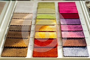 Catalog of multicolored cloth from matting fabric texture background, silk fabric texture, textile industry background