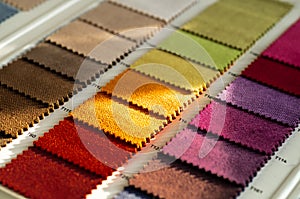 Catalog of multicolored cloth from matting fabric texture background, silk fabric texture, textile industry background