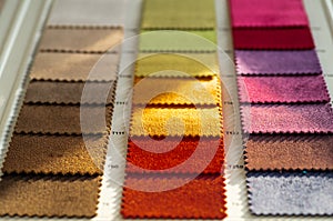 Catalog of multicolored cloth from matting fabric texture background, silk fabric texture, textile industry background