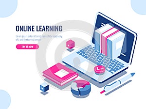 Catalog of online courses isometric icon, online education, internet learning, laptop with book on screen, seo