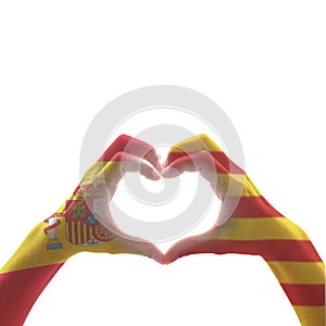 Catalonia Estelada flag  and Spain flag on Catalunya people`s heart-shape hands or Catalonia- Spanish unity supporter isolated