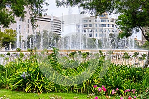 Catalonia square fountain in green nature, Barcelona Spain