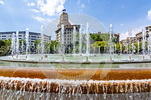 Catalonia Square Placa de Catalunya fountain, center of Barcelona, Spain photo