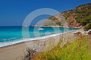 Catamaran anchored at beautiful beach, Turkey