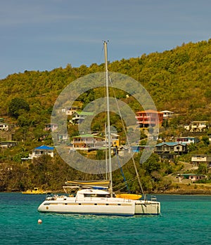 A catamaran anchored at ocar, bequia