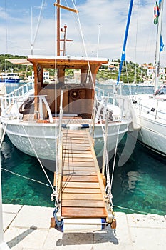 Catamaran boat in port of Kefalonia-Greece