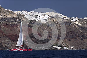 Catamaran boat in Santorini