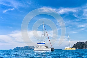 Catamaran boats in beautiful bay near Koh Phi Phi Don in Andaman