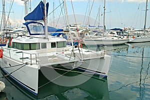 Catamaran and docked boats