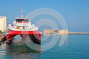 Catamaran ferry in port of Heraklion. Crete, Greece