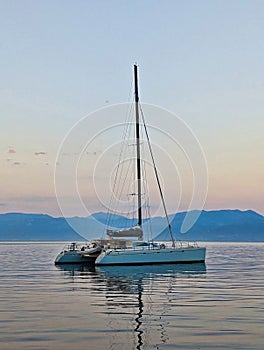 Catamaran Moored in Gulf of Corinth Bay, Greece