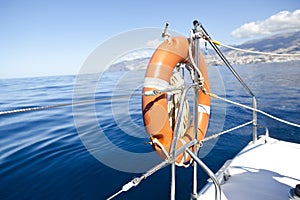 Catamaran sailboat and lifebouy