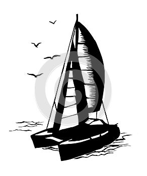 Catamaran sailboat monochrome silhouette