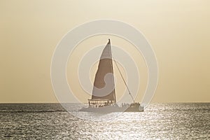 A catamaran sailing at sunset