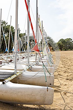 Catamarans on the beach in a beautiful landscape on the coast of Nouvelle-Aquitaine