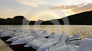 catamarans . Boats, mountains, sunset, lake, beach
