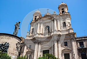 Catania church Santo Francesco and the statue of Cardinale Dusmet