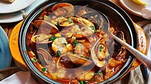 Cataplana De Marisco Traditional Portuguese Dish. A Seafood Stew Cooked in a Clam-Shaped Pot Called a Cataplana