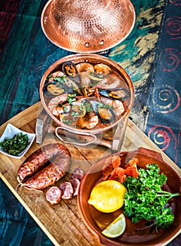 Cataplana dish portguese traditional and sausage