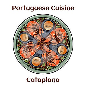 Cataplana Portugese Seafood Dish. With lobster, shrimp, mussels and more