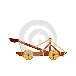 Catapult. Ancient weapons for the siege of the fortress. Wooden medieval artillery ballista.