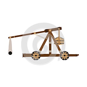 Catapult weapon vector illustration icon isolated wooden slingshot. War cartoon medieval