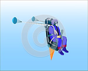 Catapultation jet pilot after leave the plane on blue sky background.