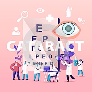 Cataract Concept. Tiny Doctors Characters Treating Clouding of Lens in Eye which Leads to Vision Decrease photo