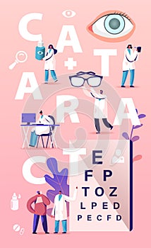 Cataract Concept. Tiny Doctors Characters Treating Clouding of Lens in Eye which Leads to Vision Decrease