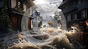 Catastrophic flood in a European city. Water flooded the streets.