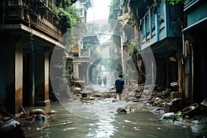 Catastrophic flooding in a coastal city in south-eastern Asia due to a sea level rise. Global warming consequences.