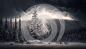 Catastrophic lightning storm in taiga, fantasy artwork. Generative AI