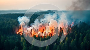 A Catastrophic Natural Disaster: Aerial View of a Wildfire Ravaging a Forest, Generative AI