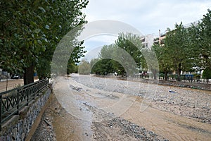 catastrophic storm in the city,Volos, Greece ,September 30, 2023.climate change .Krafsidonas torrent ,flood from bad weather