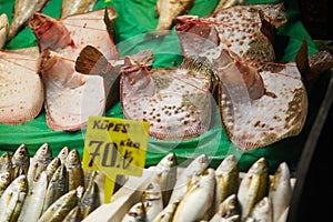 Catch of the day for sale on a fish market in Uskudar district, Asian side of Istanbul, Turkey