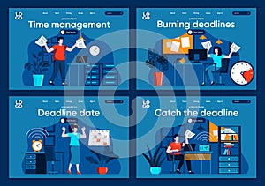 Catch the deadline flat landing pages set. Stressful situation and overtime work, hurrying up with project scenes for