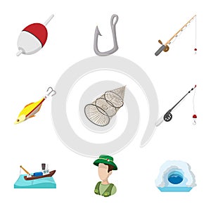 Catch fish icons set, cartoon style