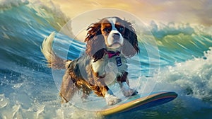 Catch the Surfing Spirit Smiling Cavalier King Charles Spaniel Dog Riding the Waves - Generative AI