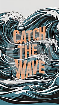 Catch the Wave: Surfer Confronting Enormous Blue Ocean Waves in Dynamic Art Illustration photo