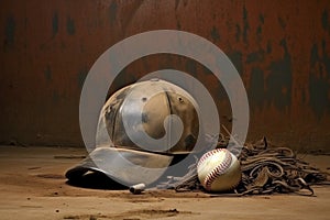 a catchers helmet and a baseball cap arranged on the pitchers mound