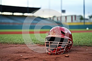 catchers helmet on the pitchers mound with a blurred baseball field in the background