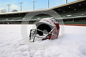 a catchers helmet on a snowy pitchers mound in an empty winter ballpark