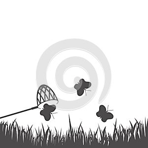 Catching butterflies with a butterfly net icon in flat style.