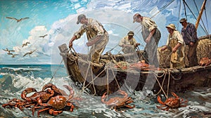 Catching crabs from a boat can be achieved with an oil paint effect. Generated AI