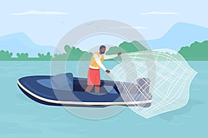 Catching fish with casting net flat color vector illustration